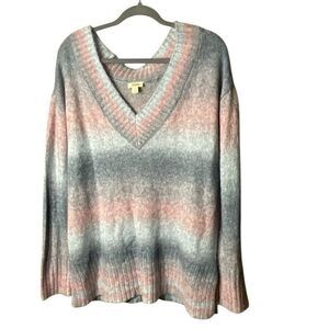 A.N.A. Womens Blue Pink Oversized Ombre V-Neck Knit Pullover Sweater Large